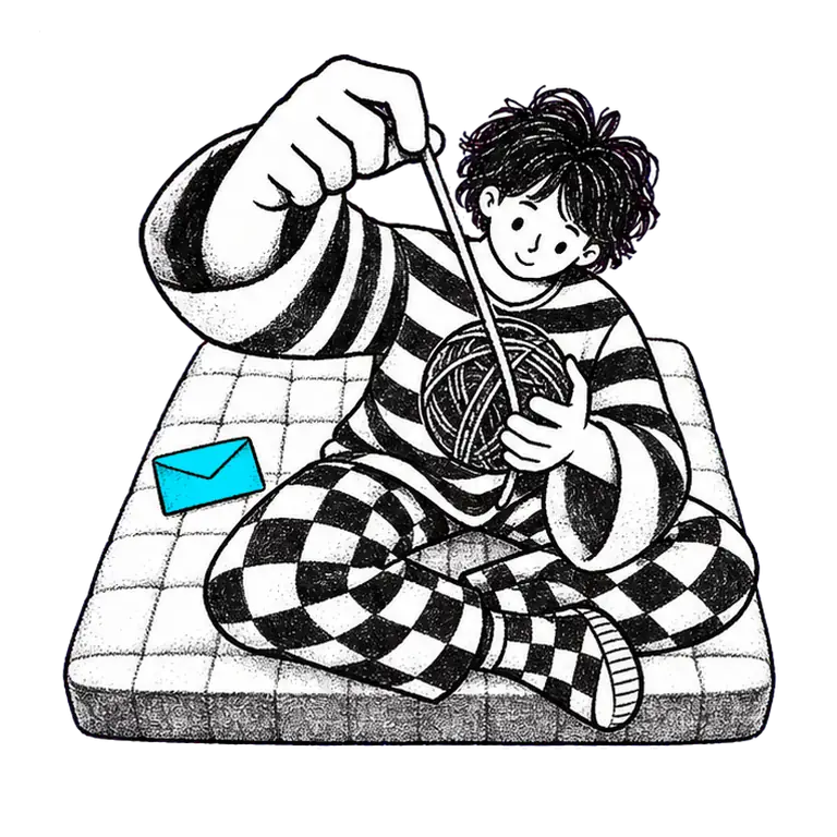 A young person in striped pyjamas sits cross-legged on a mattress winding a ball of wool, a closed envelope beside them.
