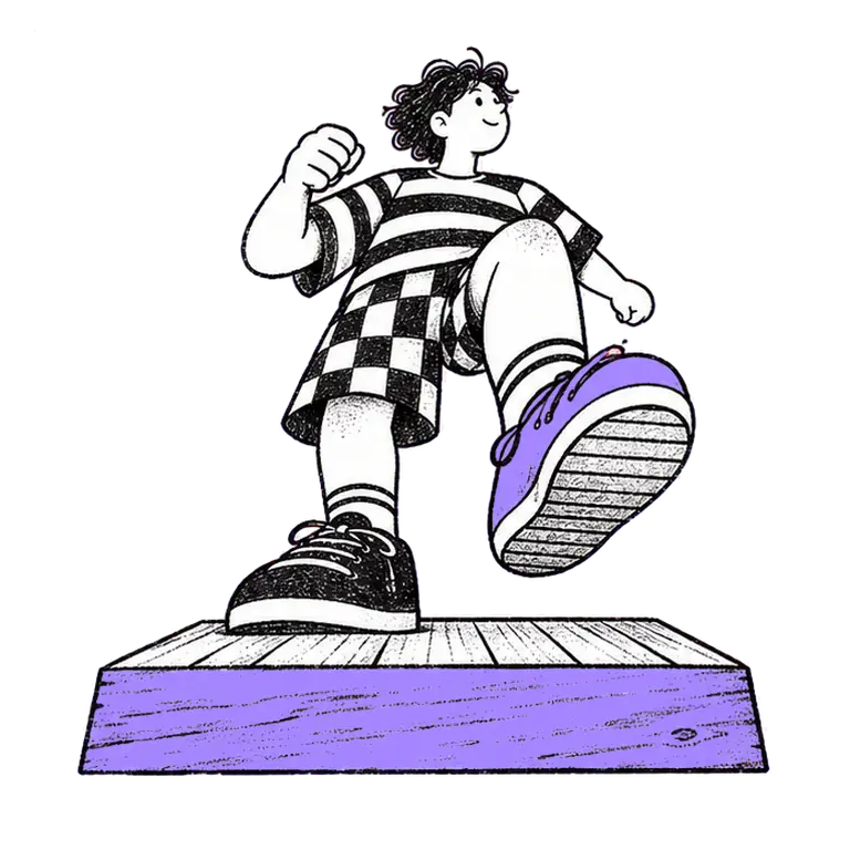 A student in a striped shirt and checked shorts jogs in place on a wooden plinth, seen from a low angle.