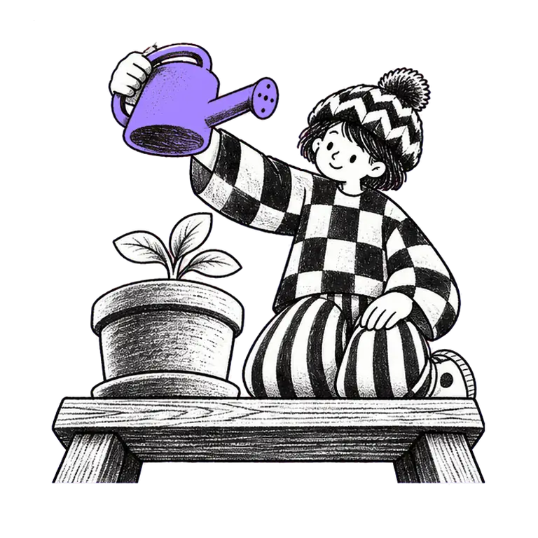 A child in a zigzag beanie and checked jumper kneels on a wooden bench, watering a potted sprout with a small can.