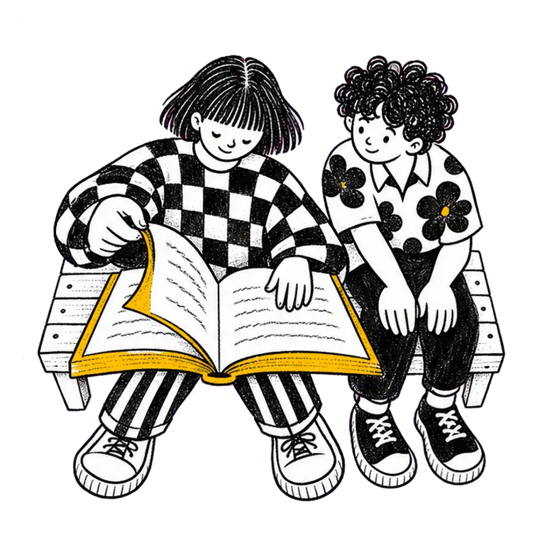 Two teens share a bench; one calmly turns the pages of a big open book on her lap while the other watches warmly.