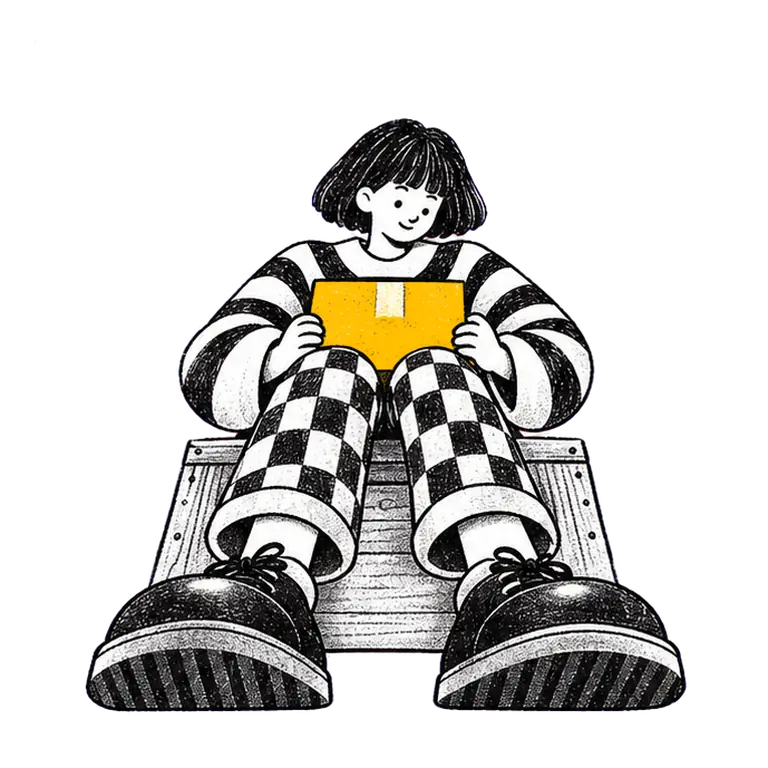 A woman in a striped jumper sits on a wooden crate, lifting a cardboard box from her lap above her head and back down.