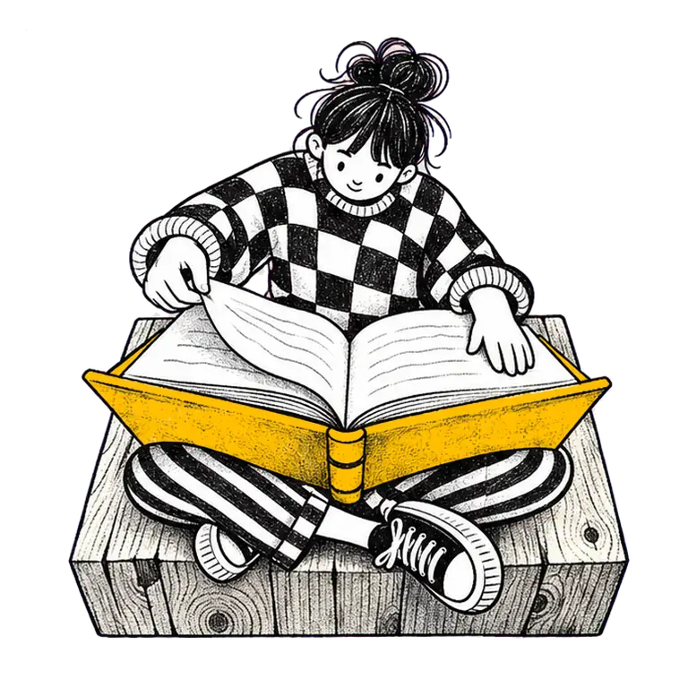 A calm student sits cross-legged on a wooden block, turning the pages of a huge open book across her lap.