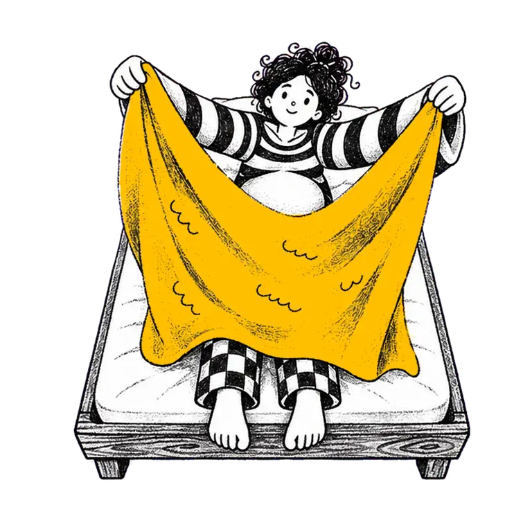 A smiling pregnant woman in striped pyjamas sits in bed, lifting a blanket and letting it settle over her legs.