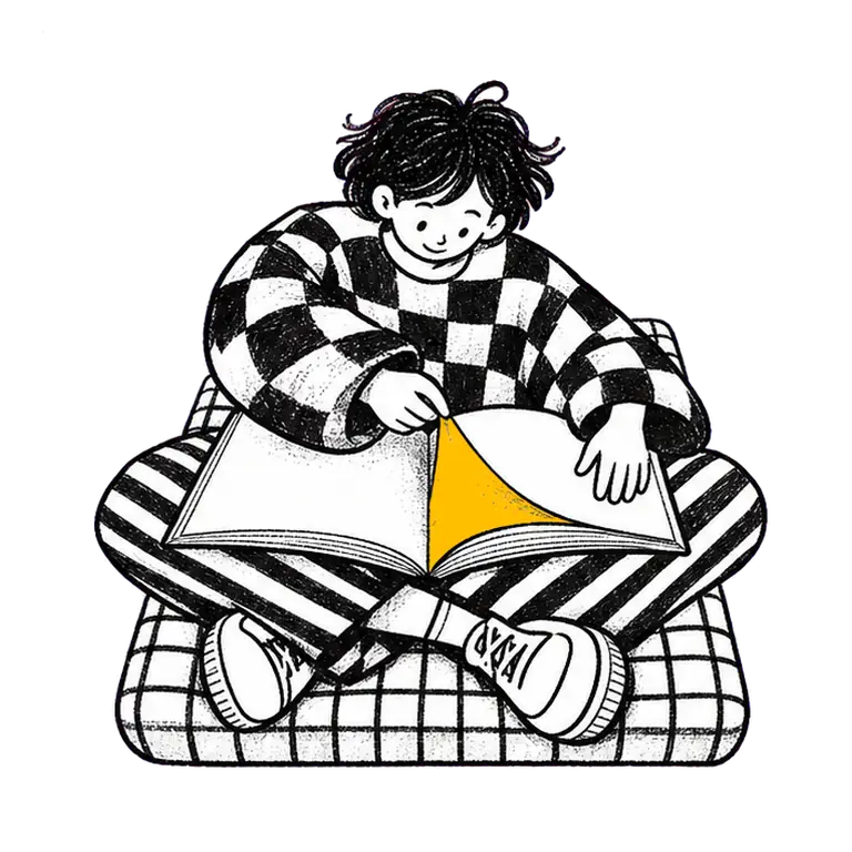 A student in a checked sweater sits cross-legged on a cushion, turning one page of a large open book.
