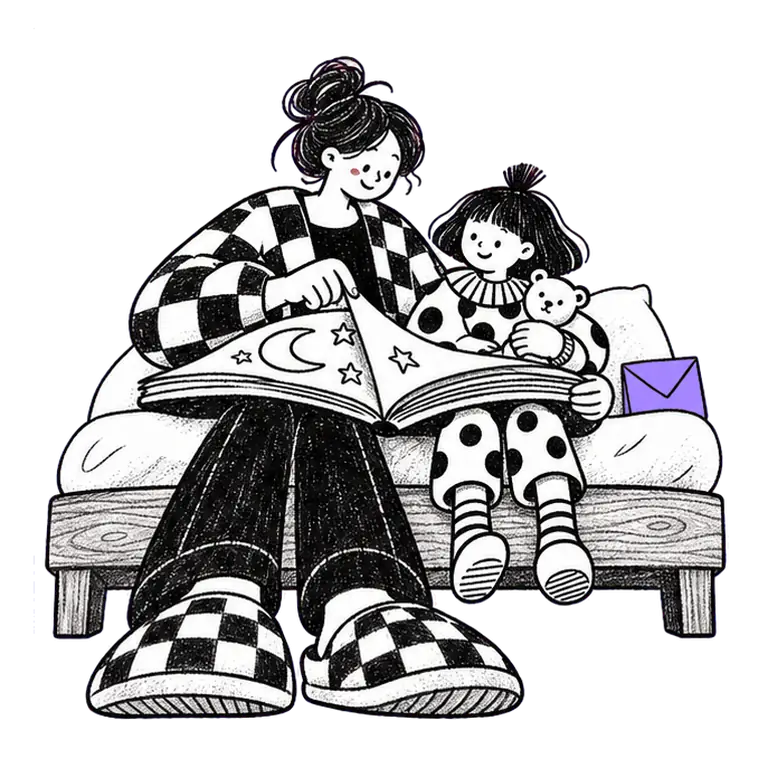 A parent and small child sit on a bed reading a moon-and-stars picture book, a closed envelope propped by the pillow.
